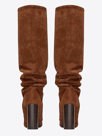 ロングブーツ アーモンドトゥ レディースブーツ チャンキーヒール ブラック  マイクロスエード シューズ 12cm 無地 カジュアル レディース靴