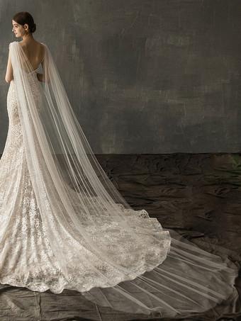 Ivory Wedding Veils One-Tier Tulle Finished Edge Waterfall Long Bridal Veil  - Milanoo.com