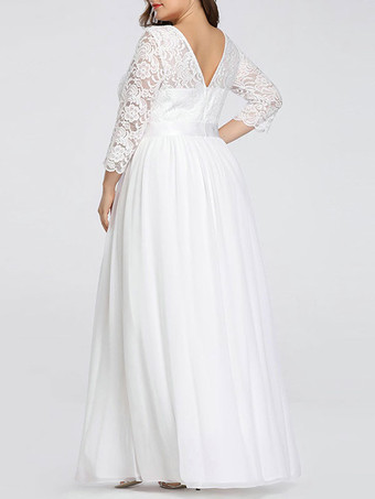 A Linie Brautkleid Weiß Brautkleider große Größen Chiffon mit Rundkragen 3/4 Ärmel A Linie Hochzeitskleid