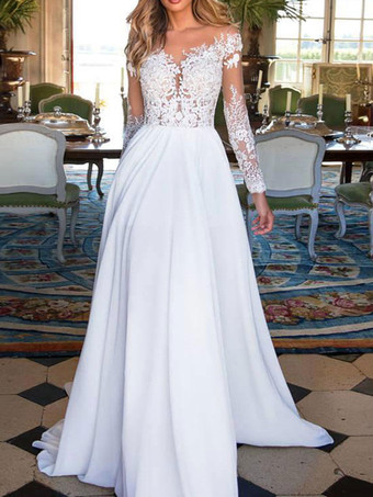 Plus Size Wedding Dresses 2024 V Neck Long Sleeves Floor Length Lace Appliqued Buttons Chiffon Bridal Gowns
