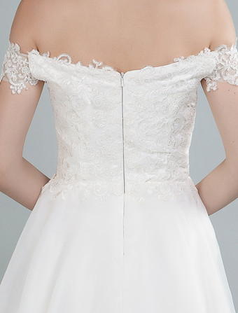 Robe de mariée simple hors de l'épaule en dentelle haut-bas jupe asymétrique en organza Robe de mariage