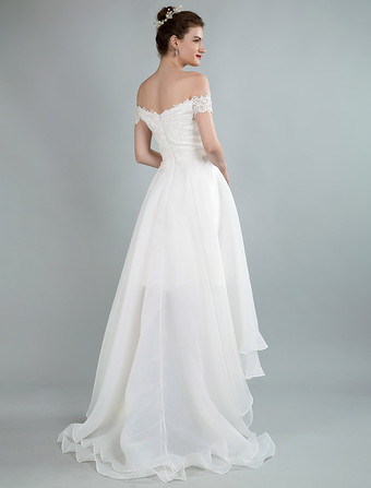 Robe de mariée simple hors de l'épaule en dentelle haut-bas jupe asymétrique en organza Robe de mariage