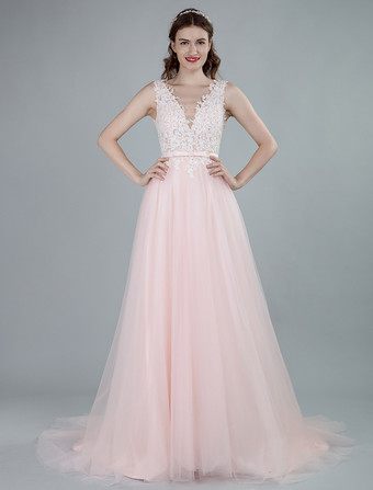 ウェディングドレスAラインノースリーブボウVネックブライダルドレスコートトレーン付き