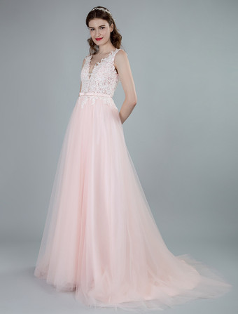 ウェディングドレスAラインノースリーブボウVネックブライダルドレスコートトレーン付き