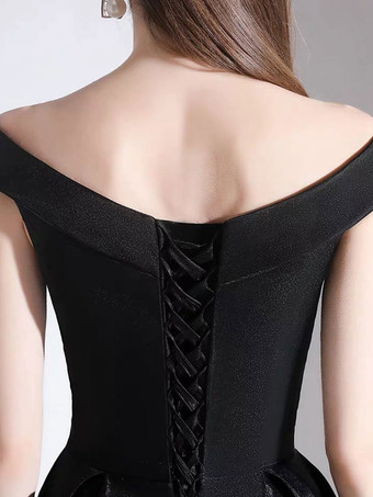 イブニングドレス 半袖 プロムドレス Aライン ボートネック パーティードレス サテン レースアップ ロング丈 フォーマルドレス ブラック