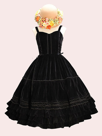 ブラック 甘ロリ ジャンパースカート ベロア プリーツ ノースリーブ 甘いロリータ JSKドレス レースアップ ロリータ