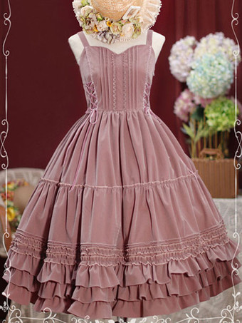 ピンク甘ロリ ジャンパースカート ベロア プリーツ ノースリーブ 甘いロリータ JSKドレス レースアップ ロリータ
