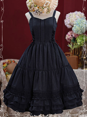 ブラック 甘いロリータJSKドレスレースアップフリルコットンロリータジャンパースカート