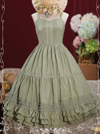 セージグリーン甘いロリータJSKドレスレースアップフリルコットンロリータジャンパースカート
