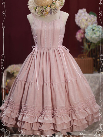 ピンク甘いロリータJSKドレスレースアップフリルコットンロリータジャンパースカート