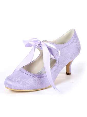 Zapatos de novia de encaje Zapatos de Fiesta de tacón de kitten Zapatos lila Zapatos de boda de puntera redonda 6cm