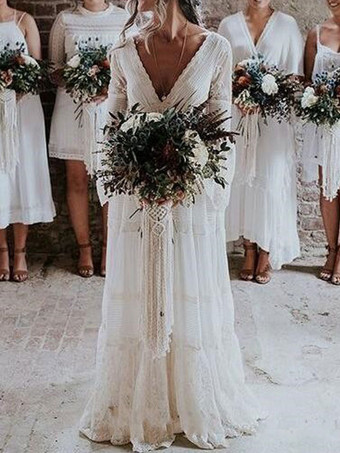 Boho Wedding Dresses 2024 A Line Deep V Neck Multilayer Lace Chiffon Beach Party Dress Hippie Bridal Gowns Free Customization