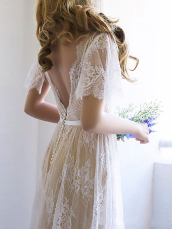 レース ウェディングドレス シャンパン ウェディングドレス Aライン 二次会 披露宴 結婚式 Vネック レース ブライダル 花嫁 半袖 スウィープトレーン ウェディング ナチュラルウェストライン バックレス サッシュ ガーデン ビーチ オーダーメイドも可能