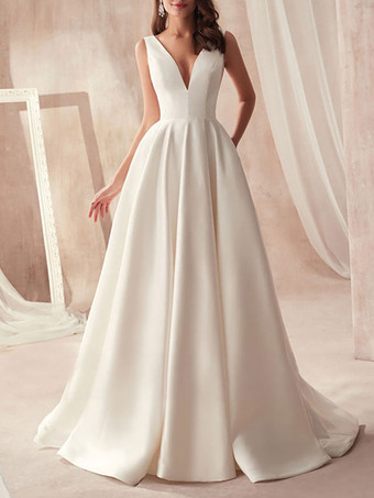 Старинные свадебные платья 2024 A Line V-образным вырезом без рукавов длиной до пола  плиссированные свадебные платья со шлейфом