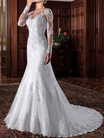 Vintage Wedding Bridal Dress 2024 Sheath Illusion Neck Long Sleeve Lace Applique Wedding Dresses With Train