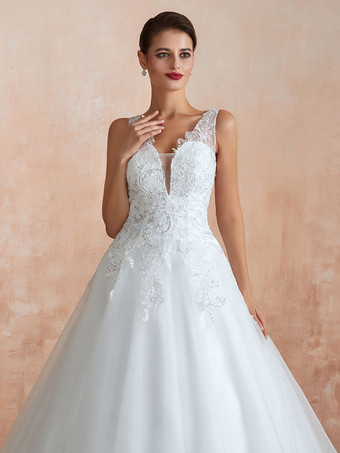 Robe de mariée trapèze blanche en tulle col V dos transparent à traîne robe de mariage