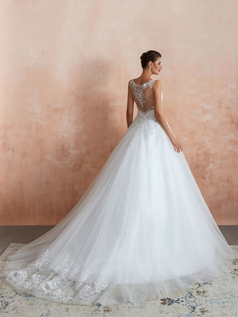 Robe de mariée trapèze blanche en tulle col V dos transparent à traîne robe de mariage
