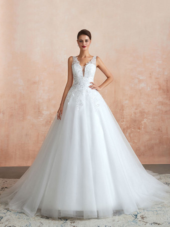 Robe de mariée trapèze blanche en tulle col V dos transparent à traîne robe de mariage