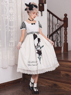 Classic Lolita OP Dress Who Planted The Black Lily Floral Print Lace Trim Bows White Lolita One Piece Dresses