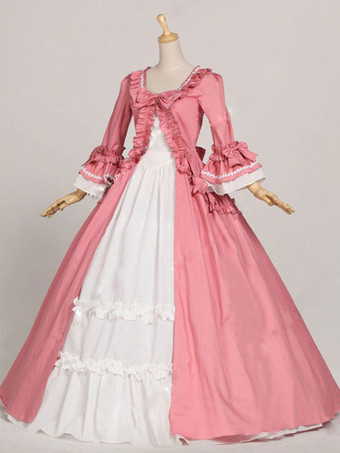 プリンセス 女性用 貴族ドレス 中世 ドレス ピンク 長袖 綿混紡 綿混紡 パーティー ドレス ヨーロッパ　宮廷風 レトロコスチューム