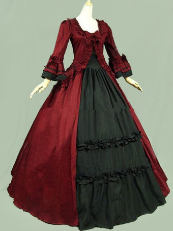 プリンセス 女性用 貴族ドレス 中世 ドレス ピンク 長袖 綿混紡 綿混紡 パーティー ドレス ヨーロッパ　宮廷風 レトロコスチューム バーガンディ