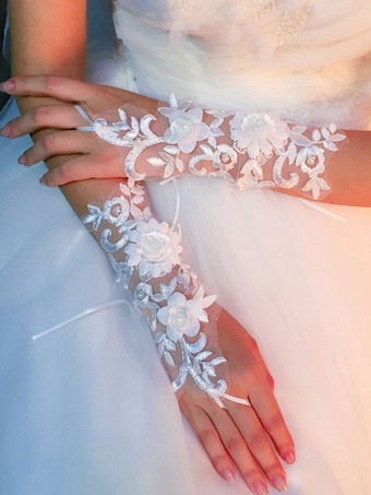 ウエディンググローブチュールフィンガーフラワーエンボスブライダルグローブ