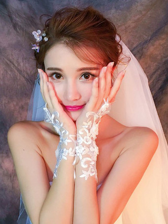 ウエディンググローブチュールフィンガーフラワーエンボスブライダルグローブ