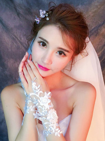 ウエディンググローブチュールフィンガーフラワーエンボスブライダルグローブ