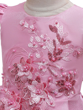 フラワーガールのドレスジュエルネックノースリーブボウキッズパーティードレス