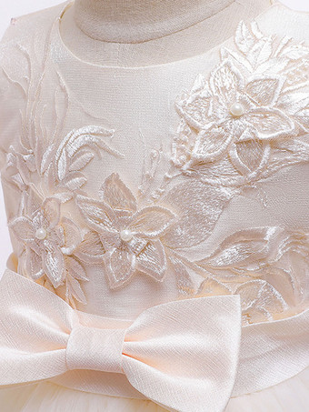 フラワーガールドレスジュエルネックポリエステルコットンノースリーブ膝丈プリンセスシルエット弓フォーマルキッズページェントドレス