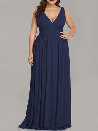 ダークネイビープラスサイズウエディングドレスAラインVネック床長さのジッパーマットサテンフォーマルドレス