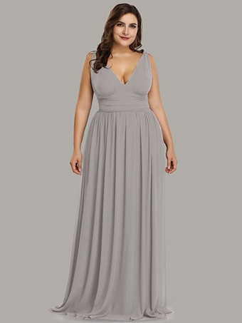 グレイプラスサイズウエディングドレスAラインVネック床長さのジッパーマットサテンフォーマルドレス