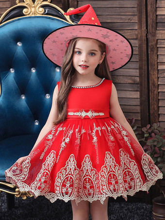 帽子が付いている子供の赤い魔女のレースの熱い押す服のためのハロウィンの衣Costume