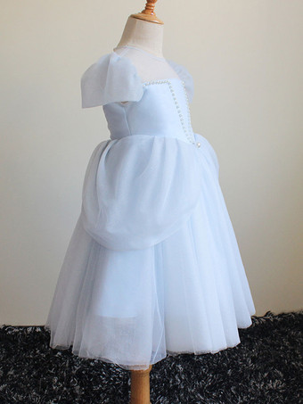 フラワーガールドレスベビーブルージュエルネック半袖ティアードパールキッズパーティードレス