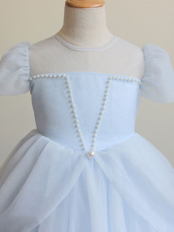 フラワーガールドレスベビーブルージュエルネック半袖ティアードパールキッズパーティードレス