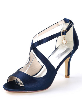 ディープブルーブライダルシューズウェディングシューズクロススティレットヒールサンダル