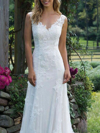 Robe de mariée à la plage blanche en dentelle col V à traîne robe de mariage
