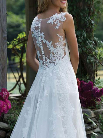 Robe de mariée à la plage blanche en dentelle col V à traîne robe de mariage
