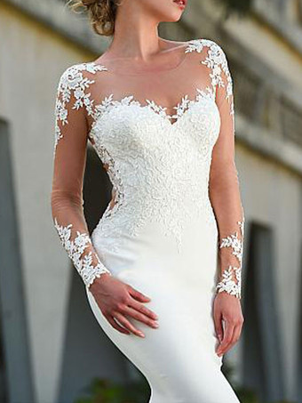 マーメイド ドレス ナチュラルウェストライン ウェディングドレス ライクラ・スパンデックス 花嫁 ブライダル ラウンドネック ホワイト オーダーメイドも可能 長袖 コートトレーン ファスナー マーメイドライン 二次会 結婚式 披露宴 ウェディング