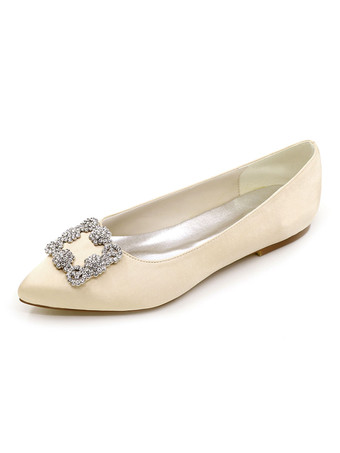 シャンパンカラーウェディングシューズ サテン ポインテッドトゥ フラット ブライダルシューズ