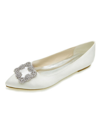 アイボリー ウェディングシューズ サテン ポインテッドトゥ フラット ブライダルシューズ