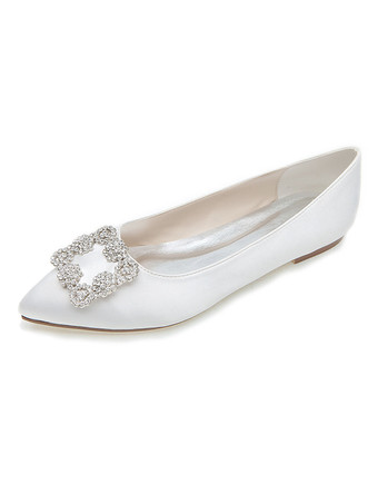 ホワイト ウェディングシューズ サテン ポインテッドトゥ フラット ブライダルシューズ