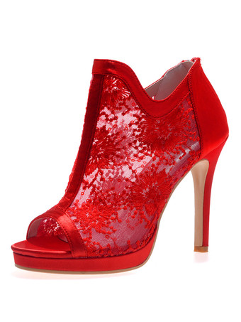 レッドウェディングシューズ レース オープントゥ スチレットヒール ブーティブライダル シューズ ホワイト