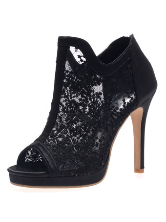 ブラック ウェディングシューズ レース オープントゥ スチレットヒール ブーティブライダル シューズ ホワイト