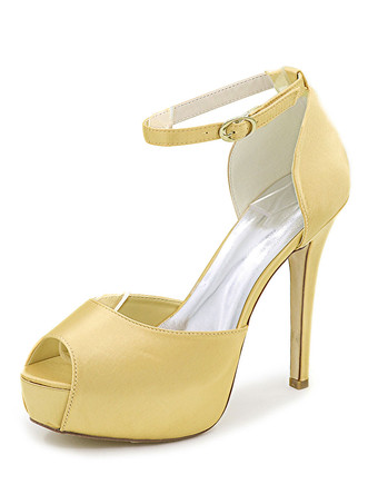 ゴールド レディースウェディングシューズサテンピープトウスティレットヒールプラットフォームブライダルシューズ