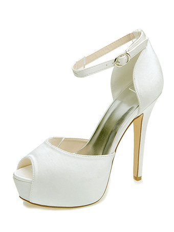 アイボリー レディースウェディングシューズサテンピープトウスティレットヒールプラットフォームブライダルシューズ