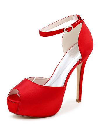 レッドレディースウェディングシューズサテンピープトウスティレットヒールプラットフォームブライダルシューズ