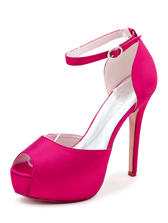 ローズレッドレディースウェディングシューズサテンピープトウスティレットヒールプラットフォームブライダルシューズ