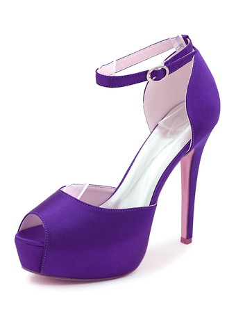 モーブ レディースウェディングシューズサテンピープトウスティレットヒールプラットフォームブライダルシューズ