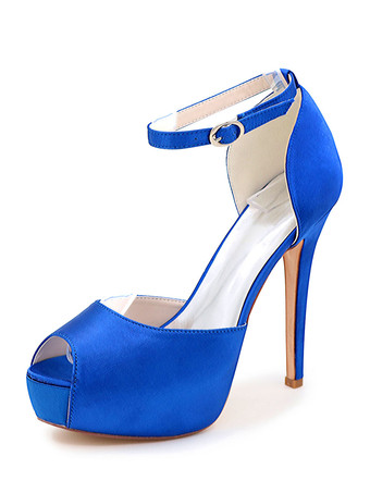 ロイヤルブルーレディースウェディングシューズサテンピープトウスティレットヒールプラットフォームブライダルシューズ